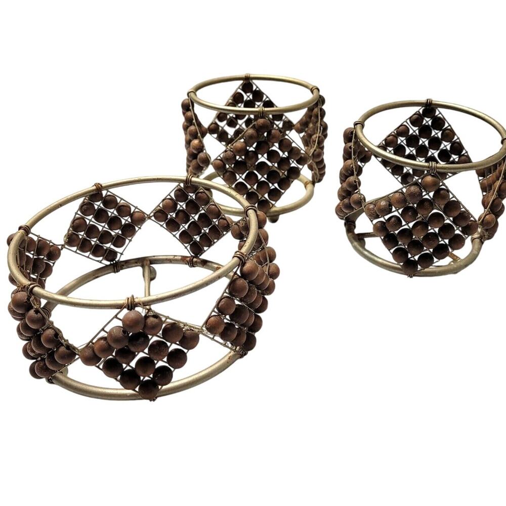 Vintage Candle Holders Beaded Set of 3 Brass Brown Bead Diamond Pattern 70s-80s